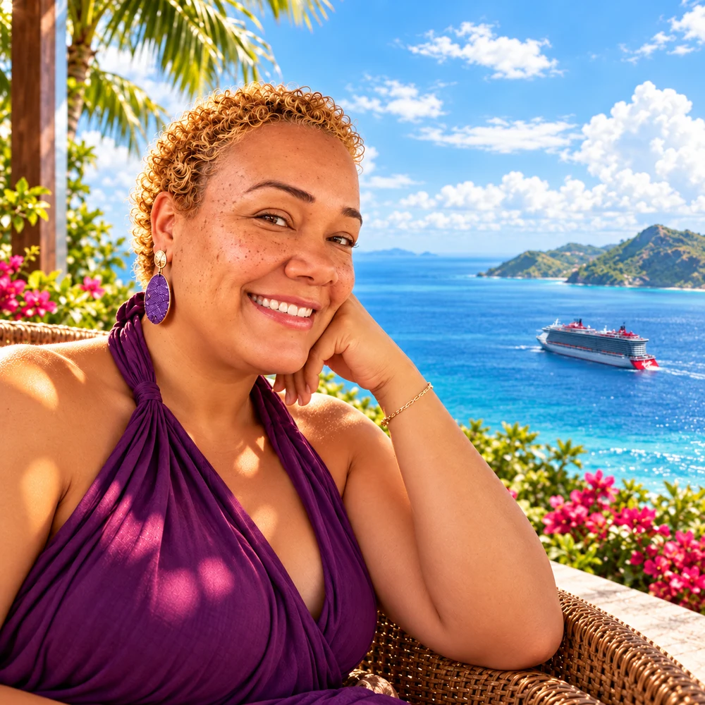 Ava in purple resort attire beside the Caribbean sea