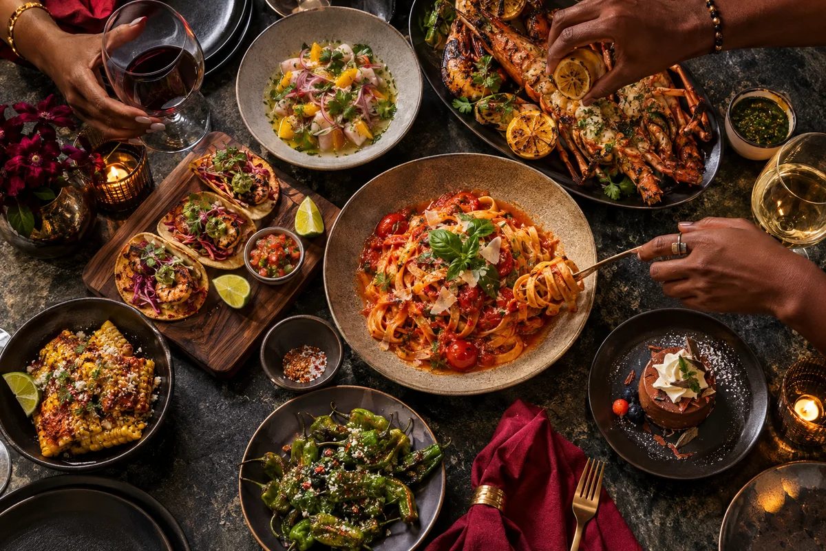 Fresh pasta, seafood, and colorful dishes shared around a table