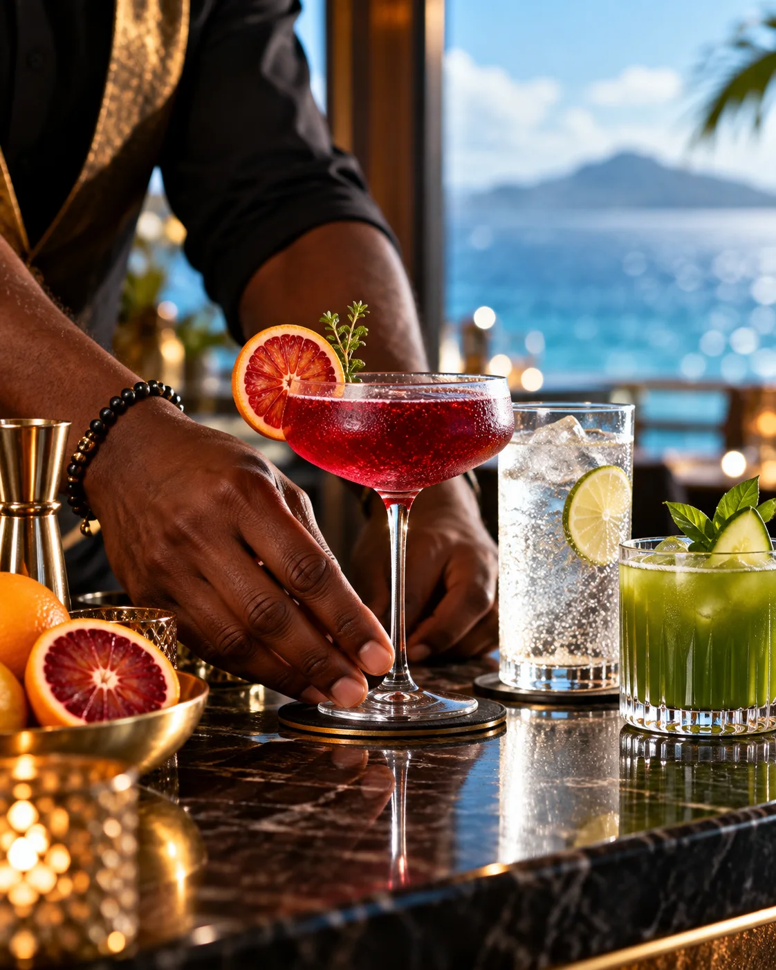 Refreshing drinks at a sunlit bar